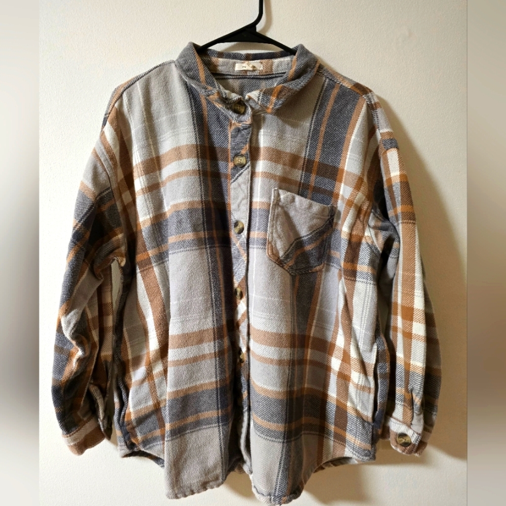 Plaid Button-Front Jacket in Gray and Brown